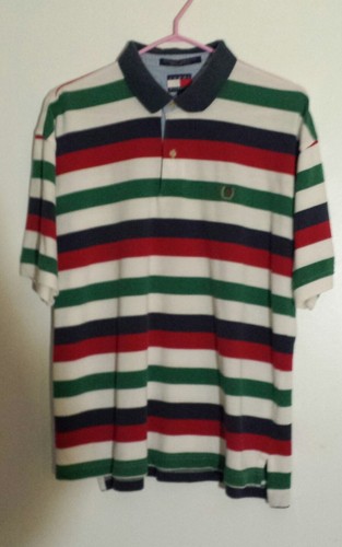 Vintage Tommy Hilfinger Striped Polo Shirt men's Sz L Lion Crest Seal Logo