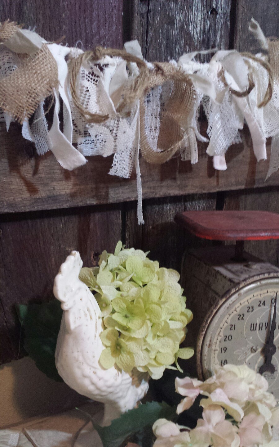 J18 banister fabric garland farmhouse Wedding valentines lace vtg burlap rags 5'