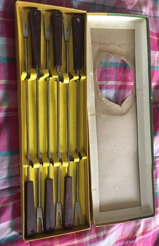 Vintage 6 PC Fondue Fork Set, Japanese Stainless Steel & Wood, Fred Roberts Co.