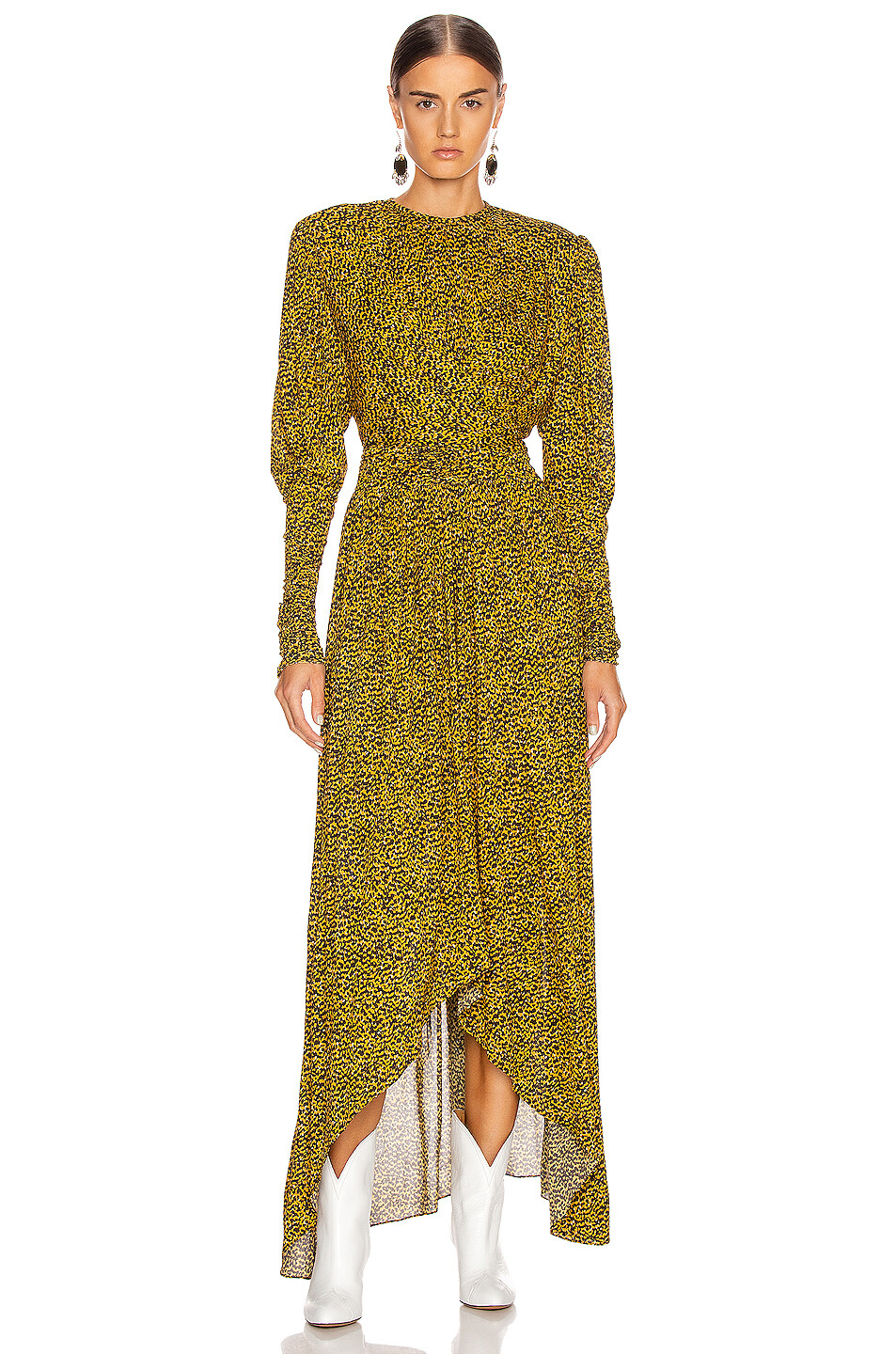 ISABEL MARANT Yellow Leopard Print Pleated Hi/Lo Sharkbite Jersey Dress 8 = 40FR