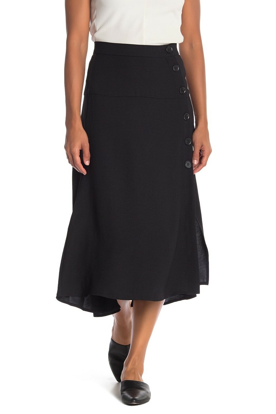 Elodie 163042 Women's Side Button Hi-Lo Midi A-Line Skirt Black Sz. Small