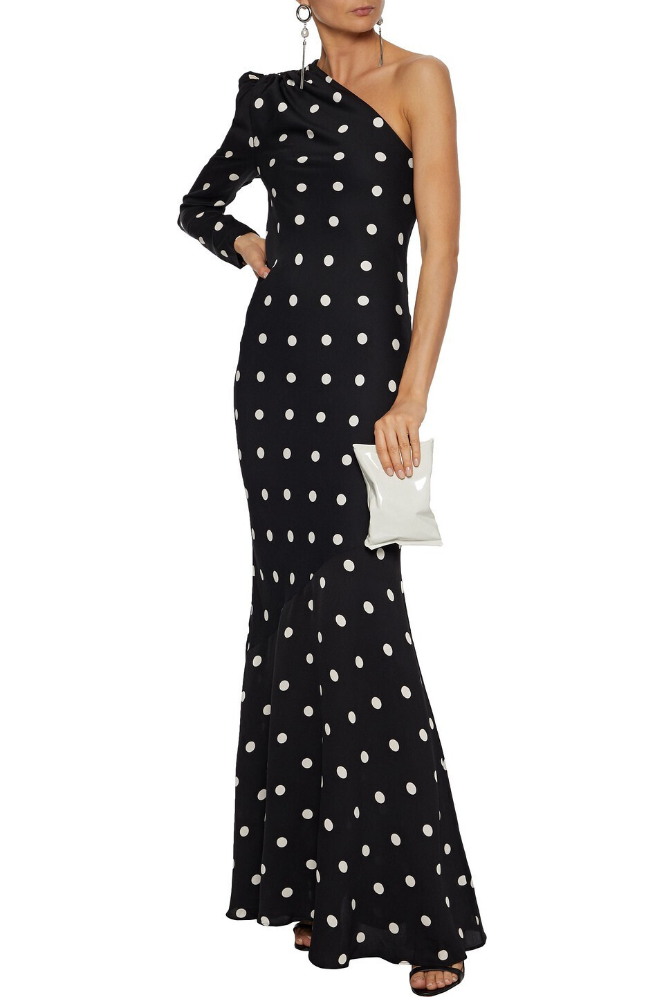 REBECCA VALLANCE One Shoulder Black White Polka Dot Maxi