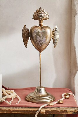 Anthropologie Flaming Heart Locket Stand Winged Engraved Gilded Large 21 T NEW
