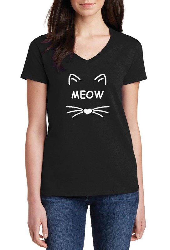 Ladies V-Neck Cat Lovers Meow Shirt Pet Lovers Tee Gift