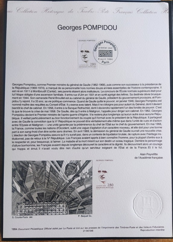 France 1994 PersonnalitÃ© Georges Pompidou Timbre NÂ° 2875 Fdc 1er Jour Paris 
