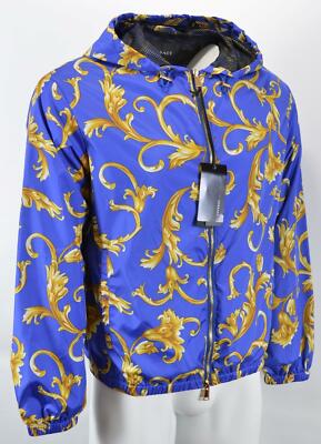 Pre-owned Versace Men's Blue Gold Baroque Hooded Bomber Jacket 38 48 M In Multicolor