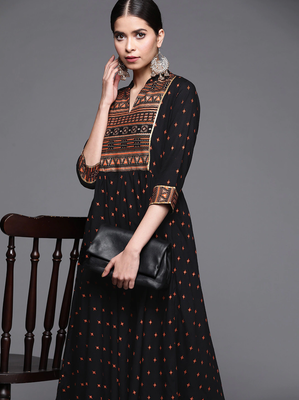 Indian Women BEAUTIFUL Premium Quality Rayon Black Printed A Line