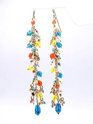 CHIC Teal Blue Orange Yellow Crystals Gold Filled Waterfall Chandelier Earrings