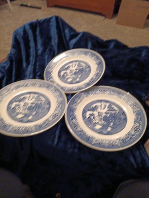 3 Willow Ware by Royal China Dinner Plates Blue & White 10'' Perfect Condition