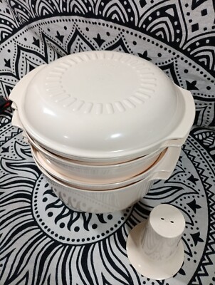 Vintage Tupperware Microwave Stacked Cooker Steamer 5 Piece 3 Quart Almond Color