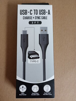 USB-A to USB Type-C High Speed Certified Charging & Sync Cable 3 ft Black SEALED