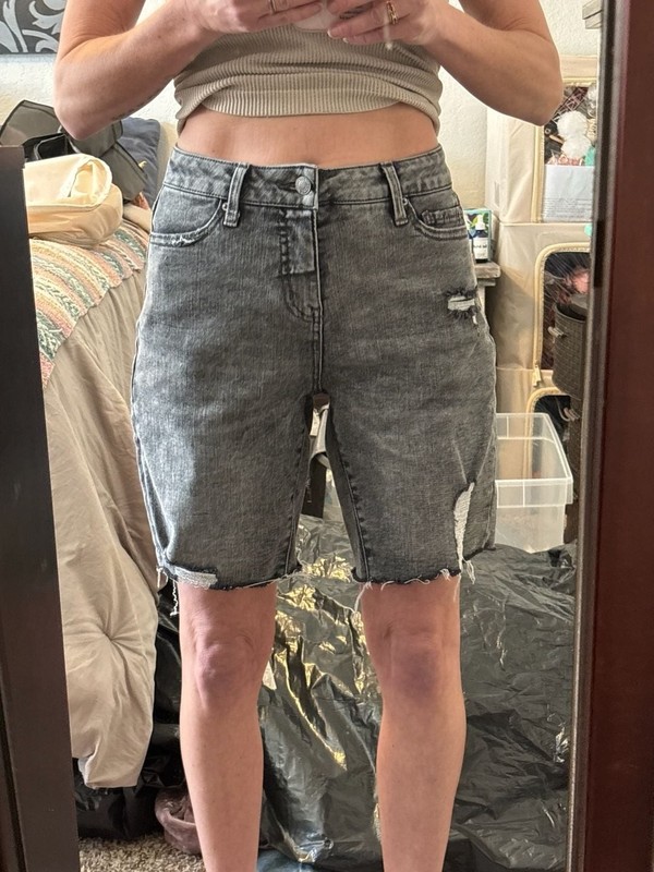 Time and Tru Women's High Rise Distressed Acid Wash Bermuda Denim Shorts