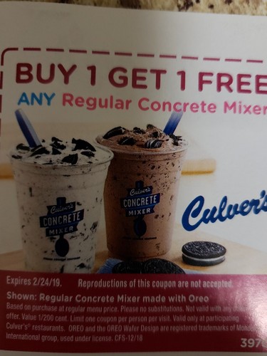 (9) Culver's Food, Combo, Dessert Coupons Exp. 2/24/19 Ships FAST