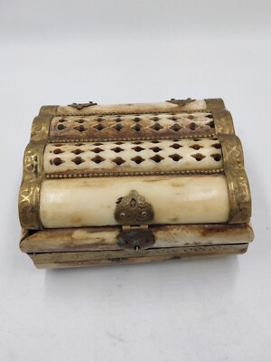 Vintage Camel Bone? Brass Decorated Jewelry Trinket Box Black Lined Interior 