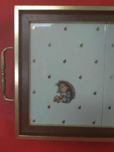 M J HUMMEL Wood & Tile TRAY Umbrella Boy & Girl Drink Tray