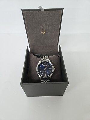 Bulova Men's Quartz Date Indicator Silver-Tone Blue Dial 41mm Watch 96B334