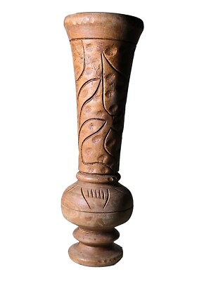 Vintage Hand Carved Etched Wooden Vase 9.5''