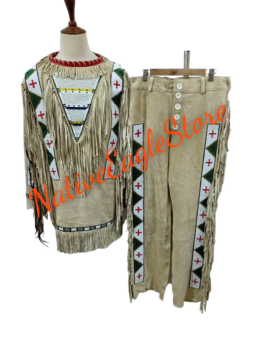 Pre-owned Handmade Old 1800 Style Beaded Fringe Beige Buckskin Hide Powwow Shirt & Pant Nsp40