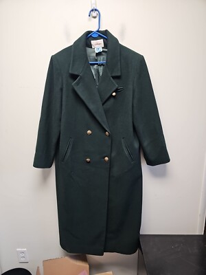 VTG Worthington Wool Double Breasted Green Trench Coat W/ Gold Buttons 14