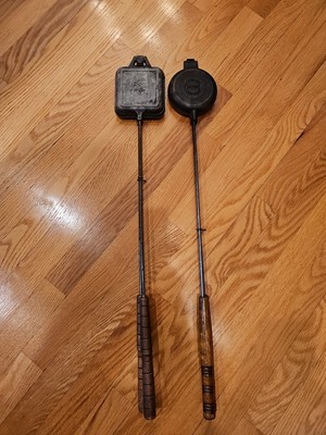 Pair Of Vintage Rome  Pie Irons Cast Iron And Aluminum Cooker Wood Handles