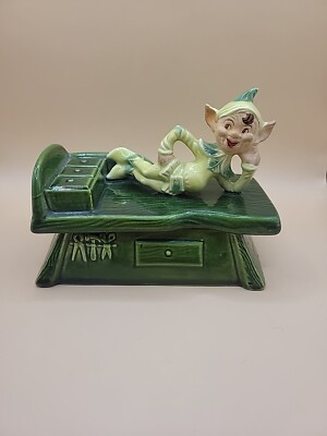 MCM Vintage Pixie Elf Laying on Workbench Tools Trinket Box Dish Green