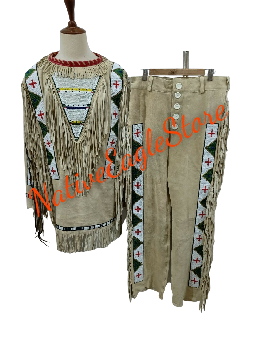 Pre-owned Handmade Old 1800 Style Beaded Fringe Beige Buckskin Hide Powwow Shirt & Pant Nsp40
