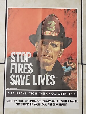 Rare Fire Prevention Poster NC Dept Insurance 1960's STOP FIRES SAVE LIVES 17x24