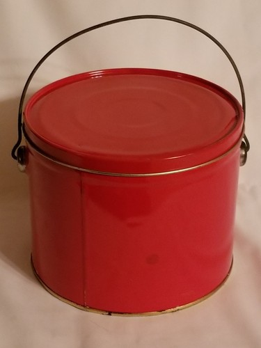 COLLECTIBLE RED METAL ROUND TIN WITH HANDLE