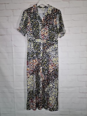 Oasis Shirt Dress Size M White Black Animal Print Midi Length Short Sleeve