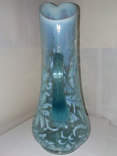 ANTIQUE BLUE OPALESCENT SPANISH LACE PITCHER...LARGE...BEAUTIFUL...13