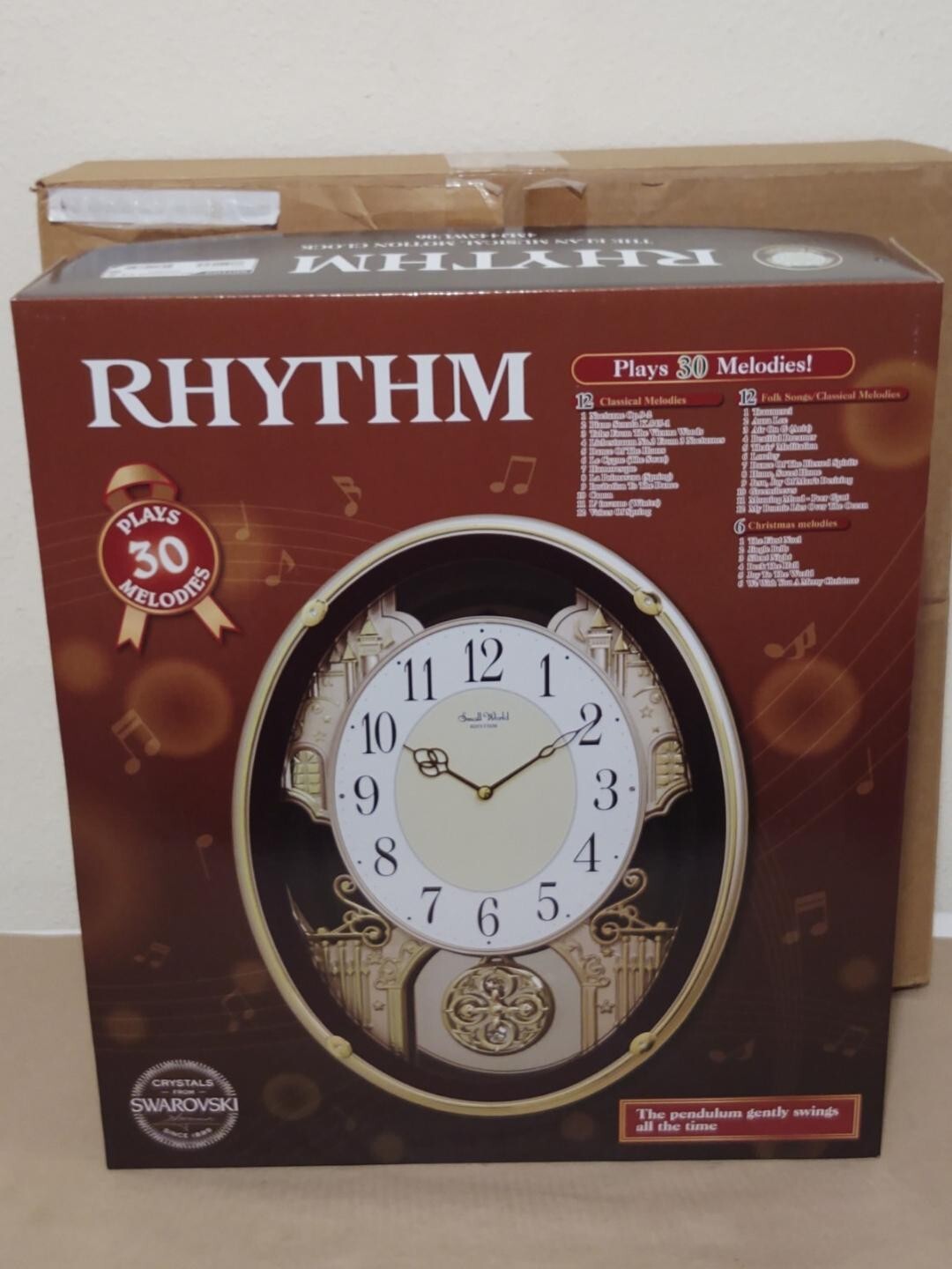 『極美品』　RHYTHM バイオリン型　時計　オルゴール　スタンド付き 銘木 ヴァイオリン 振り子時計 ニレ＆ウォルナット 【秒針付