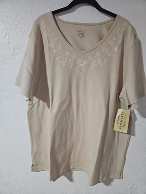 Classic Elements Women's Cotton Short Sleeve Shirt with Embroidered Flower XXL