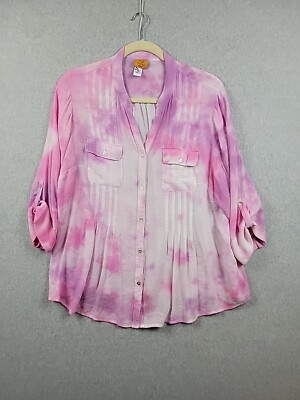 Ruby Rd. Pink Watercolor Roll Tab Sleeve Button Up Rayon Shirt Women's Plus 3X