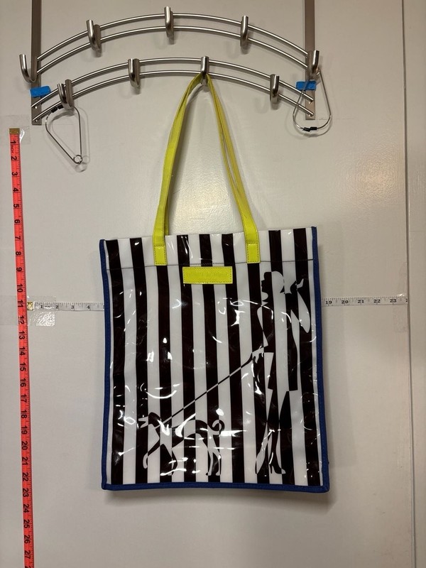 Ba: Henri Bendel Striped Coated Canvas Tote Bag Woman Walking Dog Silhouette