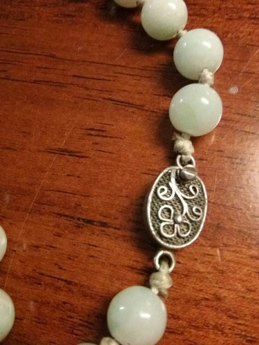 Sterling Antique Chinese Handknotted Celadon Jade Bead Necklace 18