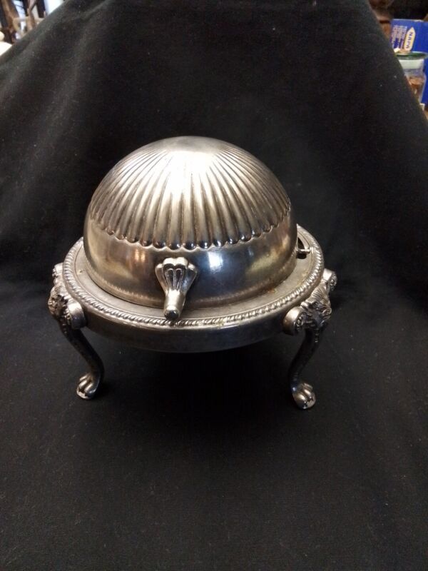 Silverplate Dome Roll Top Butter, Caviar Dish With Lion Heads And Claw Feet