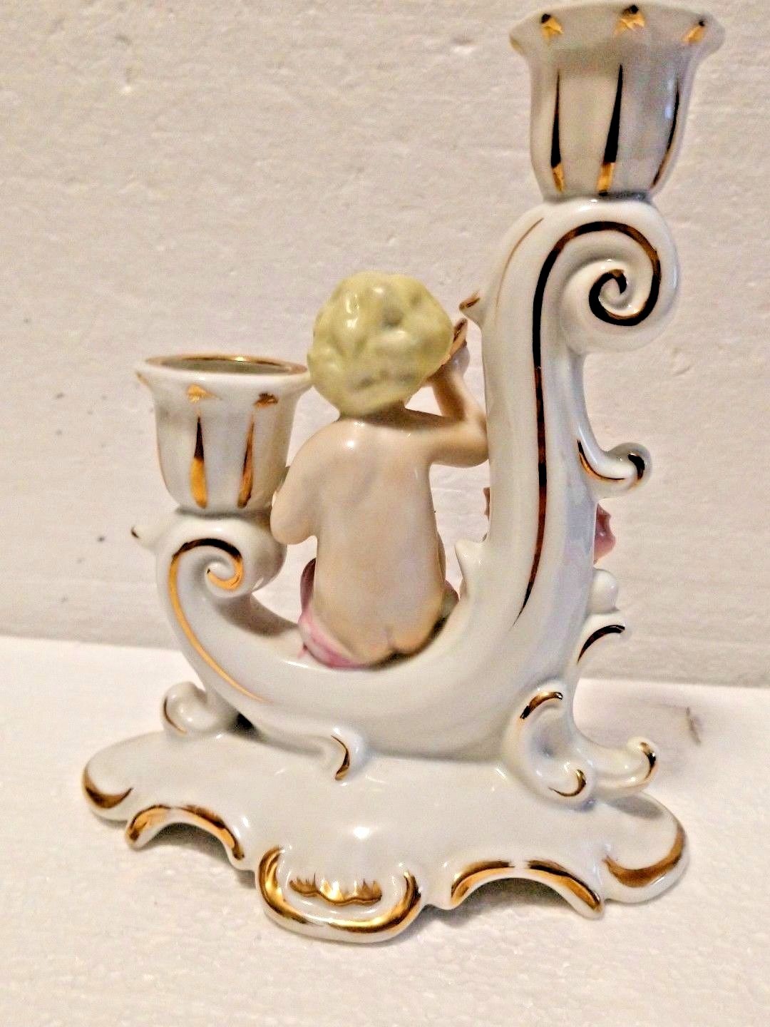 Vintage Porcelain Cherub Candlestick holder w/floral & gold Japan