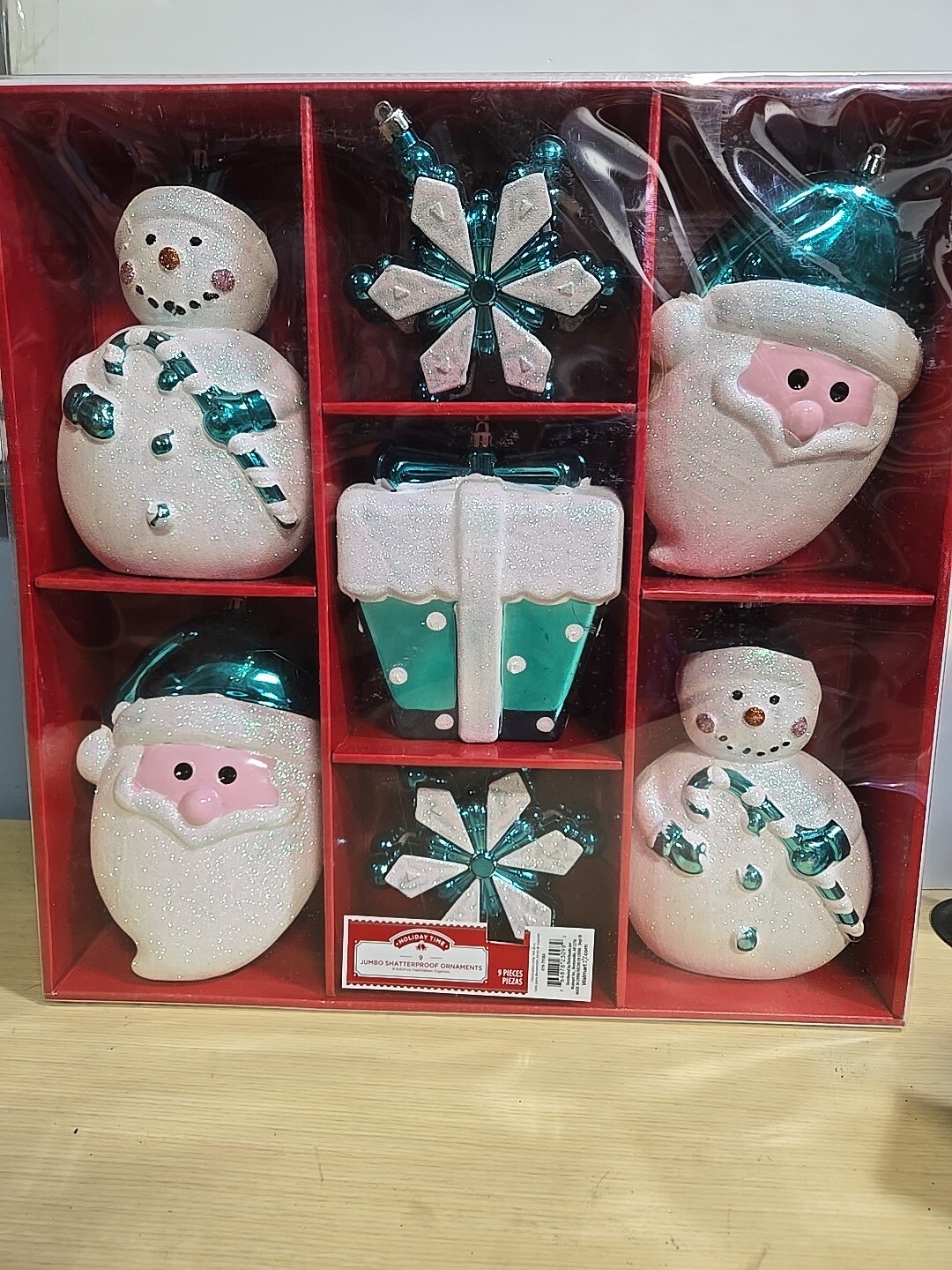 New Christmas Holiday Time 9 Jumbo Shatterproof Ornaments Aqua