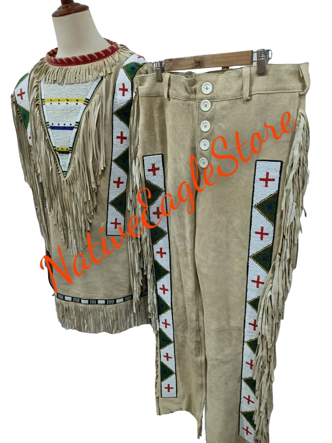 Pre-owned Handmade Old 1800 Style Beaded Fringe Beige Buckskin Hide Powwow Shirt & Pant Nsp40