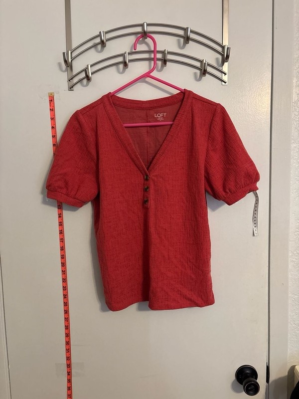 LOFT Textured V-Neck Puff Sleeve Button Front Top in Red
