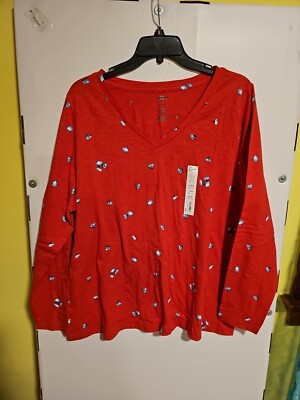 NWT Women's 0X Sonoma The Everyday Tee V-Neck Red Floral Long Sleeve Shirt