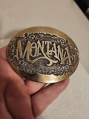Vtg Solid Yellow Brass MONTANA FIRST EDITION Belt Buckle By Award Design Medals 