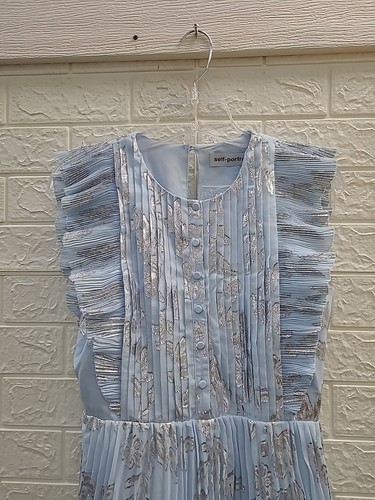 Pre-owned Self-portrait Self Portrait Blue Metallic Chiffon Maxi Dress Size 2