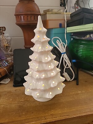 Vintage Hand Painted Ceramic Lighted Christmas Tree Light Up  Base 9.5'' White 