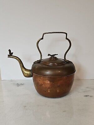 Vintage Copper & Brass Gooseneck Coffee Pot Tea Kettle Bird On Lid and Gooseneck