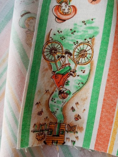 vtg 70's fabric Juvenile pastoral scene stripe 1+ yd