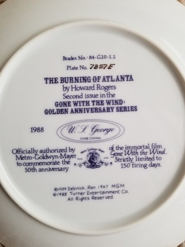 The Burning of Atlanta WS George 1988 Gone With The Wind Collector Plate