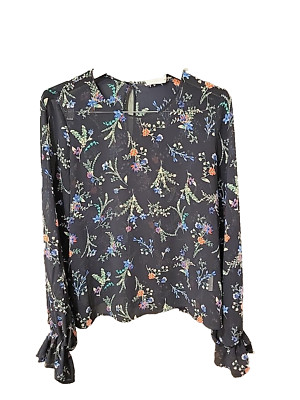 Lush Boutique Blouse Women's Medium Black Floral AOP Long Sleeve Sheer