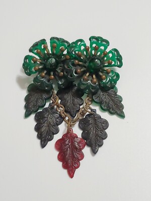 Early Unsigned Pin Miriam Haskell Brooch Green Glass & PLASTIC LEAVES & FLOWERS