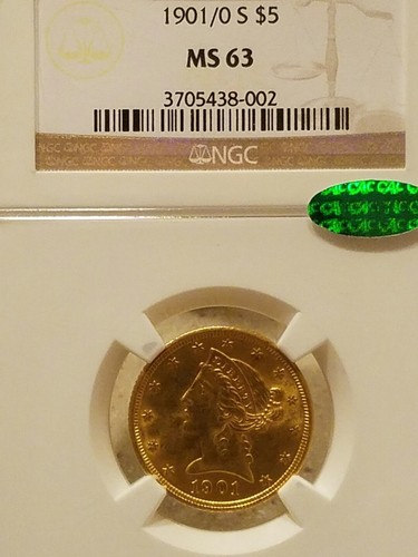 1901/0 S $5 Gold liberty, Overdate, NGC MS63 CAC RARE in this grade.